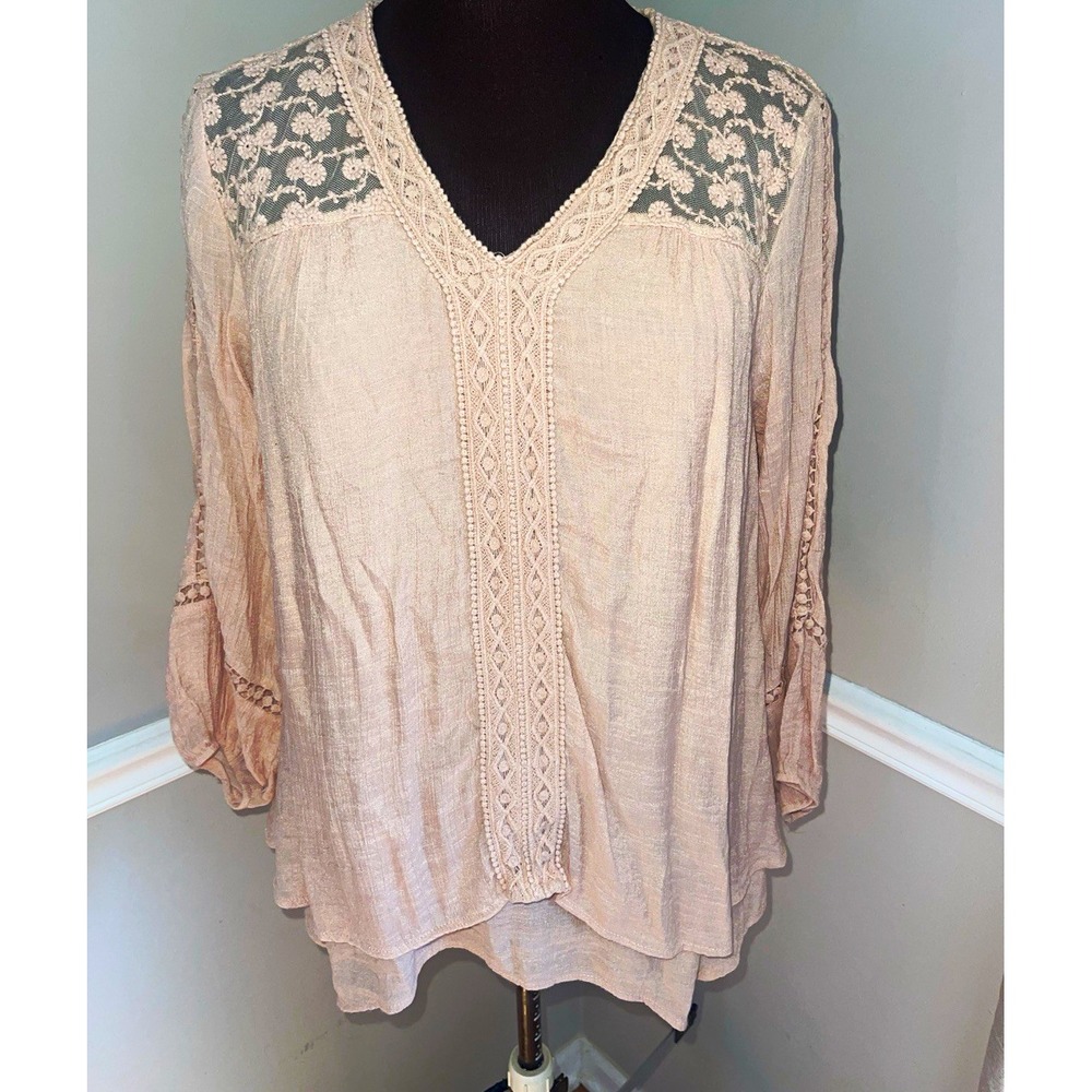 Style & Co Blush Pink Floral Lace V-Neck Boho Whimsy Blouse Womens M